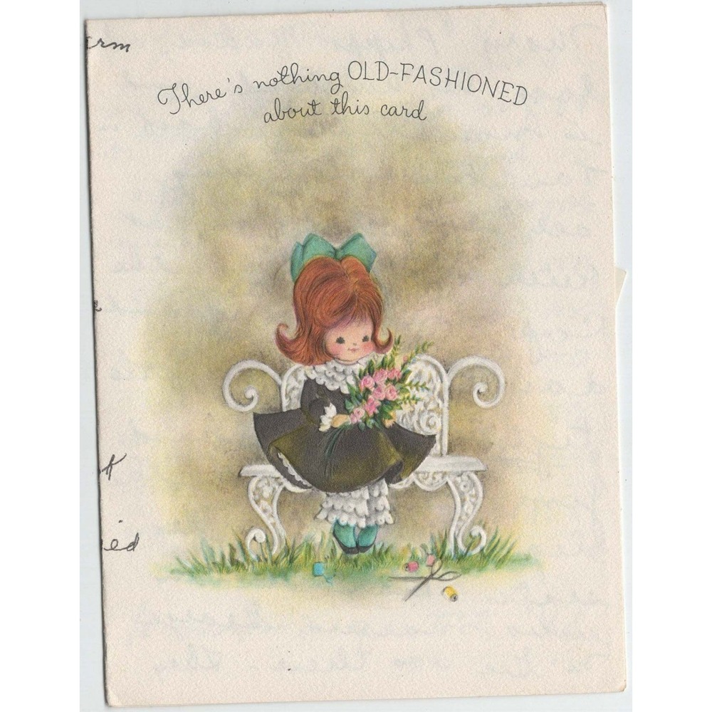 Vintage Hallmark Birthday Card Girl on Bench Flowers Used 1960s-70s